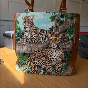 Leopard Print Canvas Tote Bag with Brown Trim